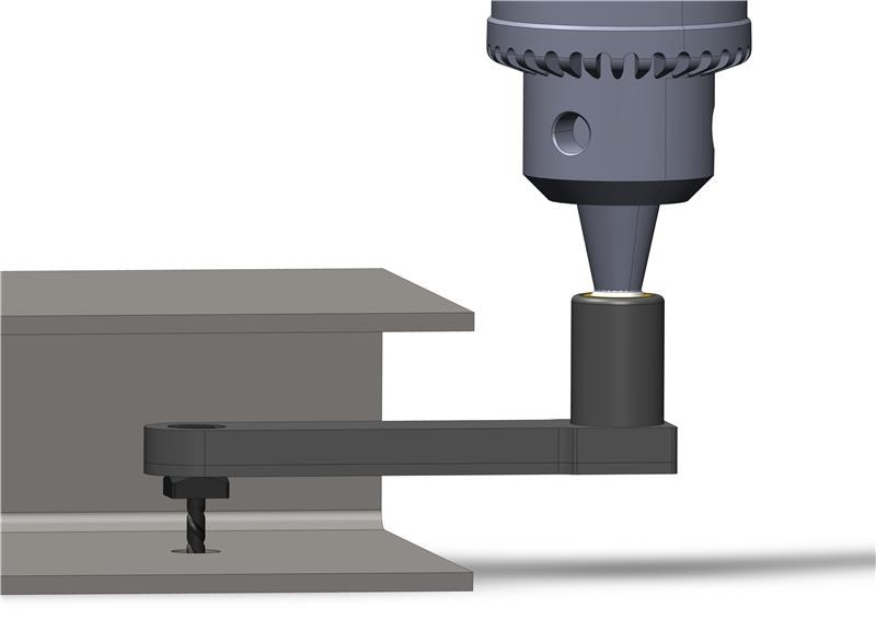Pancake drill attachment on a drill motor, reaching under a bracket flange to drill a hole the motor cannot reach