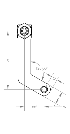 Pancake drill attachment dimension drawing, top view of a left hand drill attachment: drill offset (X), spindle offset (O), body width (W) and 120 degree bend