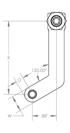 Pancake drill attachment dimension drawing, top view of a right hand drill attachment: drill offset (X), spindle offset (O), body width (W) and 120 degree bend