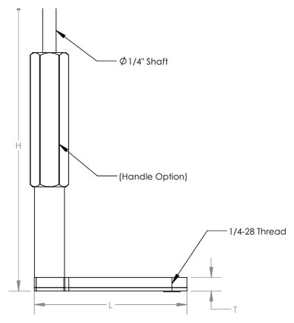 Pancake drill attachment dimension drawing, side view: overall height (H), overall length (L), body thickness (T), 1/4 in shaft and 1/4-28 spindle thread