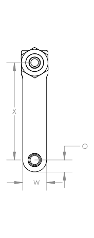 Pancake drill attachment dimension drawing, top view of a straight drill attachment: drill offset (X), spindle offset (O) and body width (W)