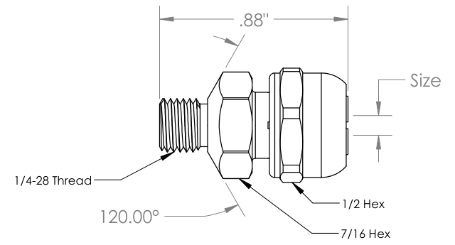 WES1605 threaded drill collet dimensions: 1/4-28 thread, 120 degree seat, 7/16 hex body, 1/2 hex collet nut, 0.88 inch overall length