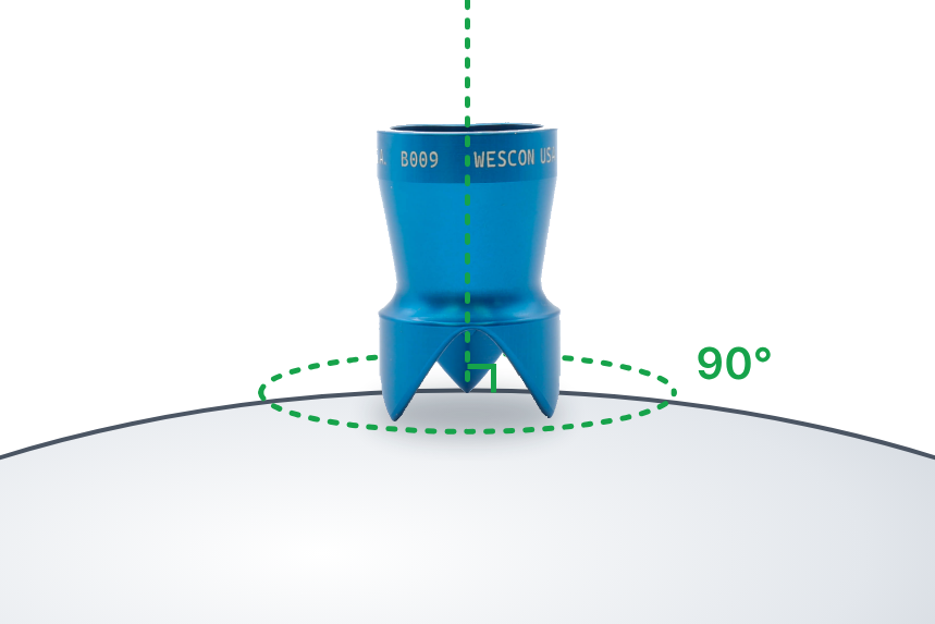 Wescon WES5703-2-T tripod egg cup drill guide on a convex curved surface, square to the surface