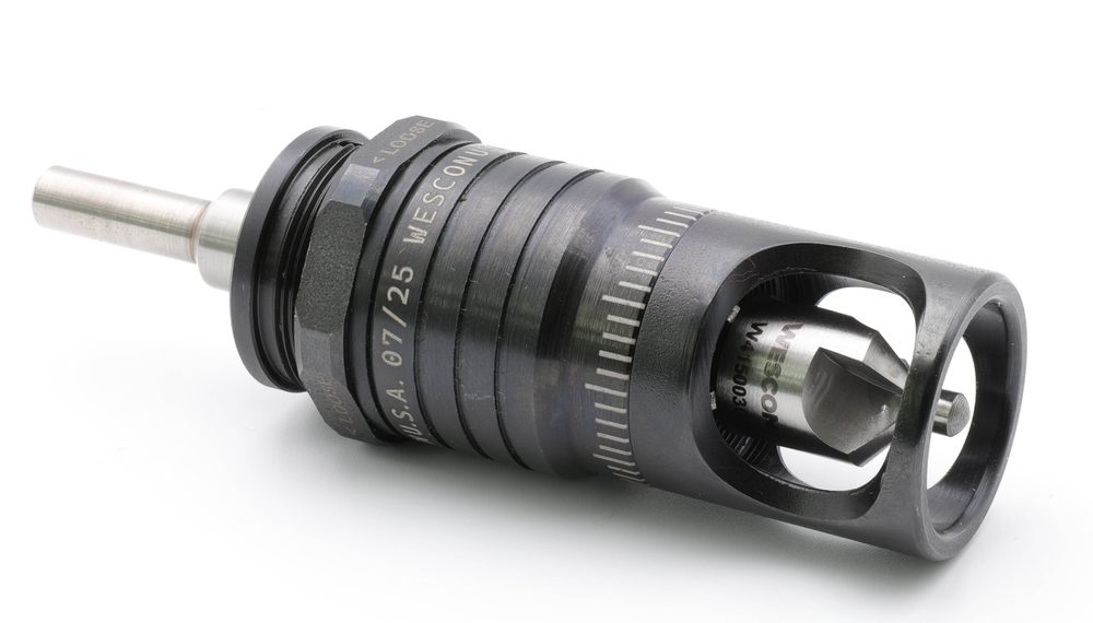 Wescon 596 microstop countersink cage with countersink cutter, showing the micrometer depth adjustment dial